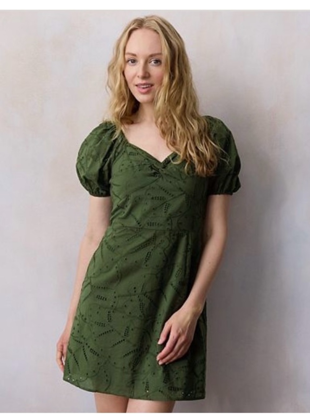 LC Lauren Conrad Olive Green Eyelet Puff-Sleeve Mini Dress